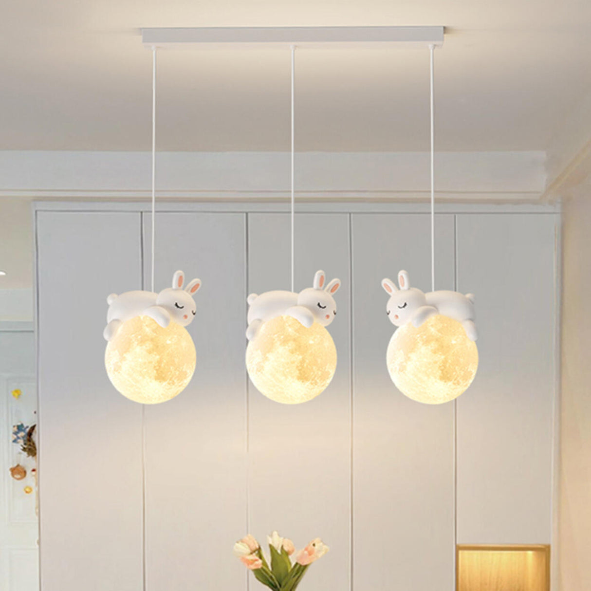 3-Light Adorable Bunny and Moon Island Pendant Light Image - 3