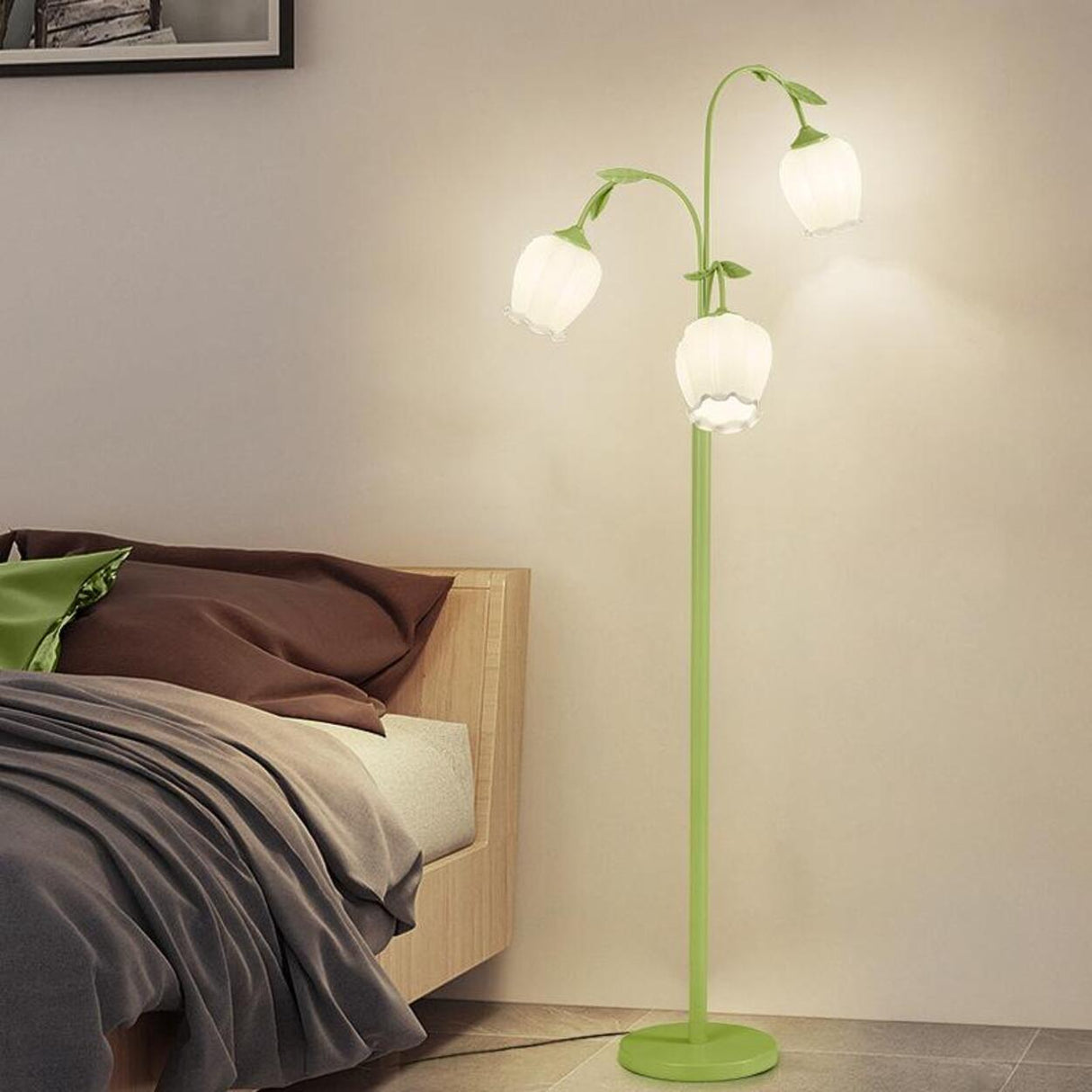 3-Light Bedroom Green Tulip-Shaped Metal Floor Lamp Image - 1