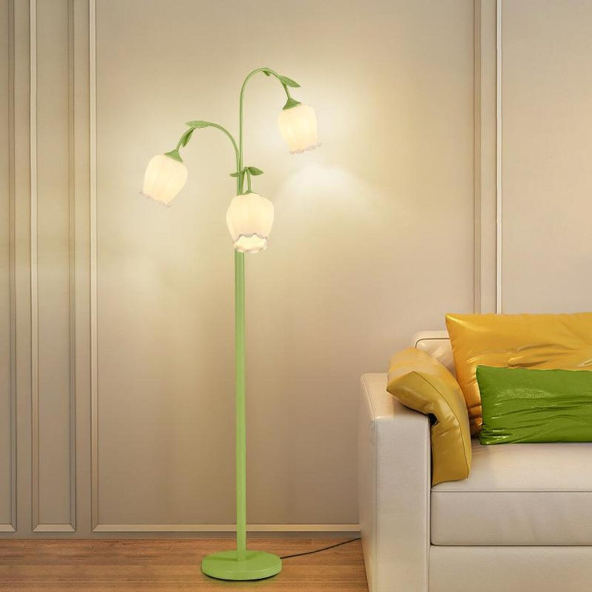 3-Light Bedroom Green Tulip-Shaped Metal Floor Lamp Image - 3