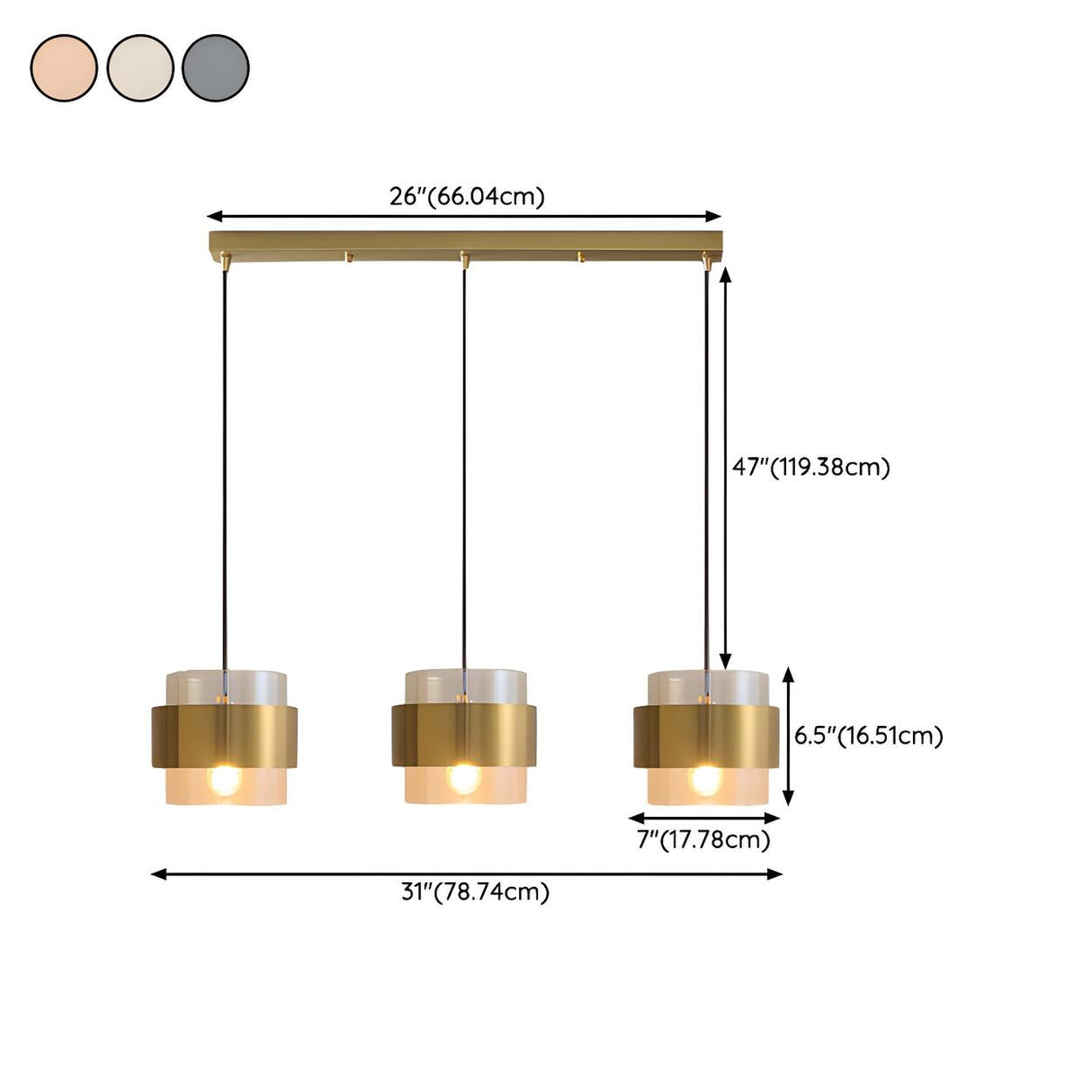 3-Light Contemporary Gold Cylinder Island Pendant Light 