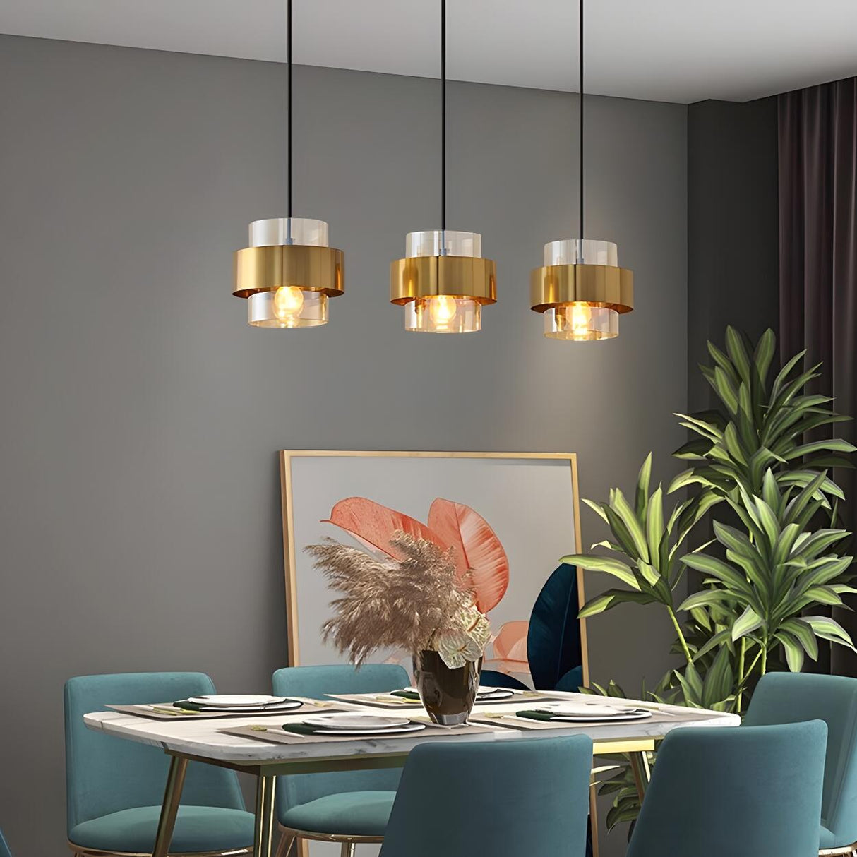 3-Light Contemporary Gold Cylinder Island Pendant Light Image - 6