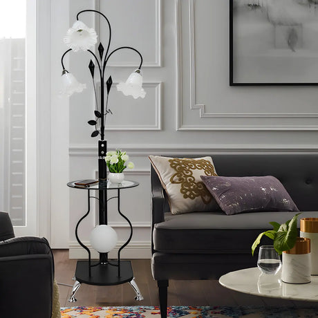 3-Light Countryside Curved and Floral Floor Lamp with Shelf Image - 1