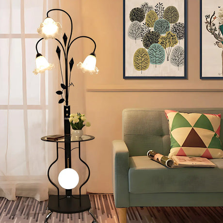 3-Light Countryside Curved and Floral Floor Lamp with Shelf Image - 2