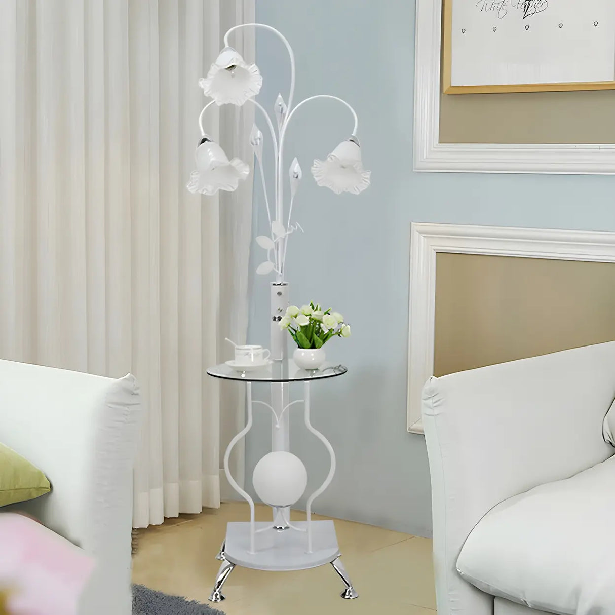 3-Light Countryside Curved and Floral Floor Lamp with Shelf Image - 6