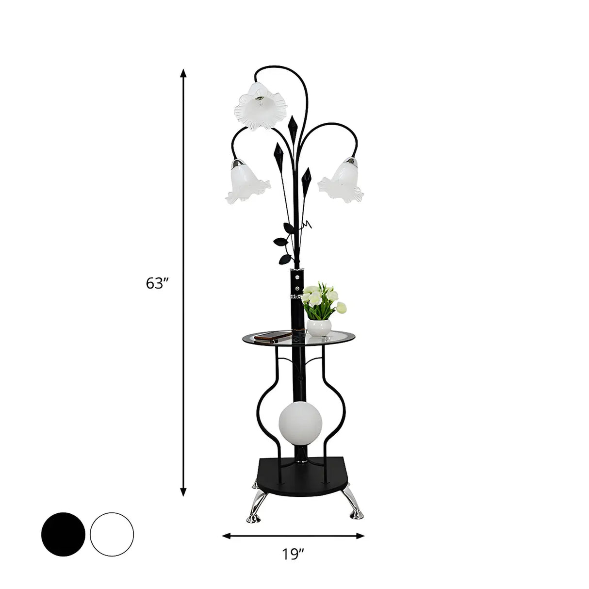 3-Light Countryside Curved and Floral Floor Lamp with Shelf 