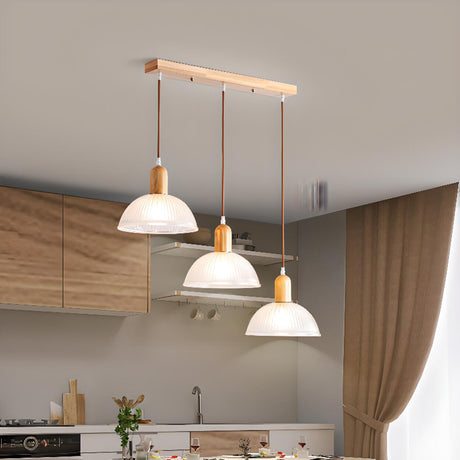 3-Light Dome Wood LED Kitchen Island Pendant Light Image - 1