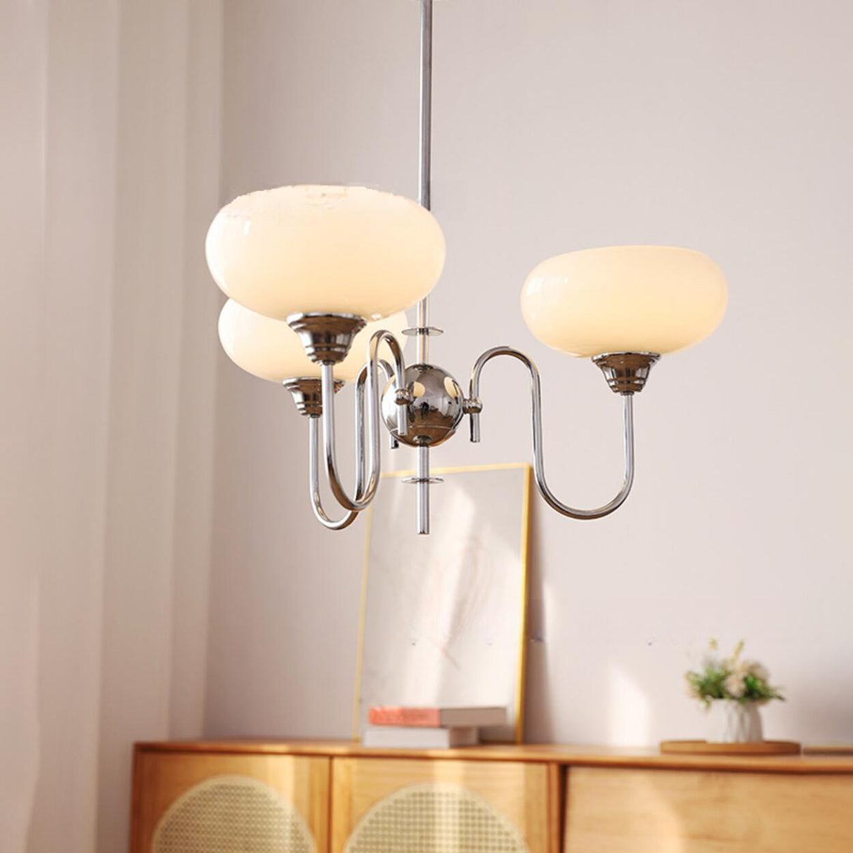 3-Light Drum Adjustable Height Glass Hanging Light Image - 4