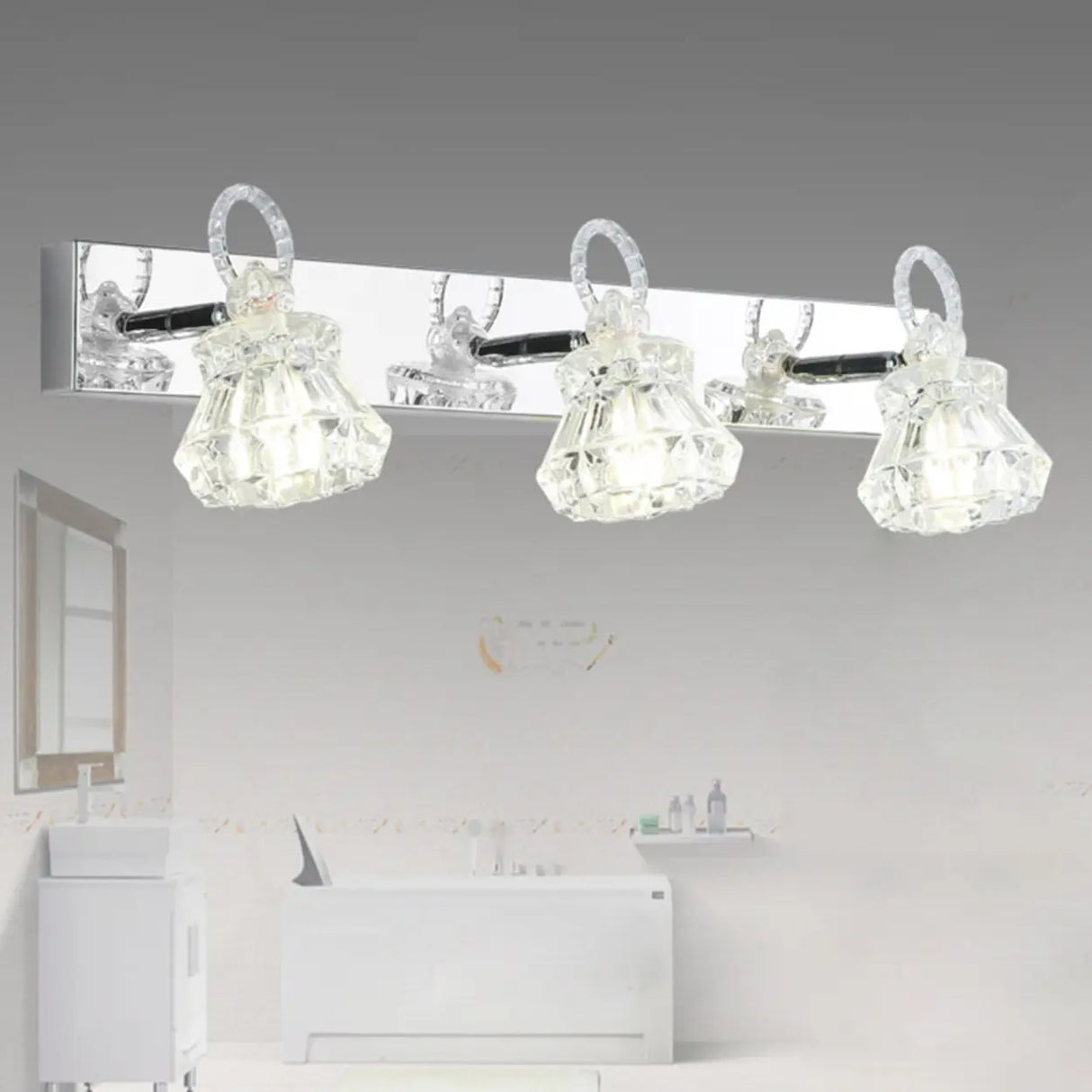 3-Light Exquisite Diamond Glass Silver Vanity Light Image - 5