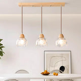 3-Light Floral Glass Wooden Island Pendant Light Image - 1