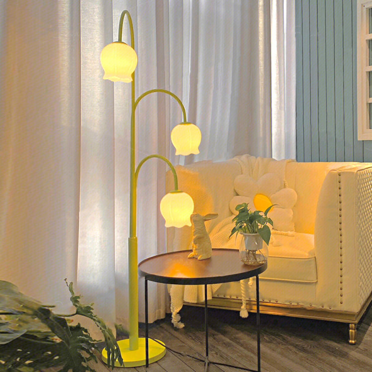 3-Light Floral Green Stand Modern Metal Floor Lamp Image - 3