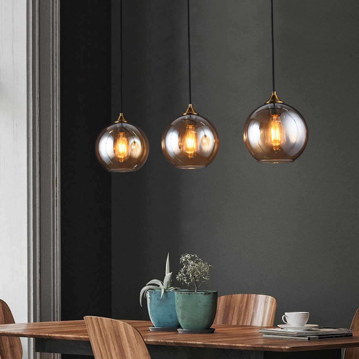 3-Light Glass Globe Kitchen Island Pendant Light Image - 4