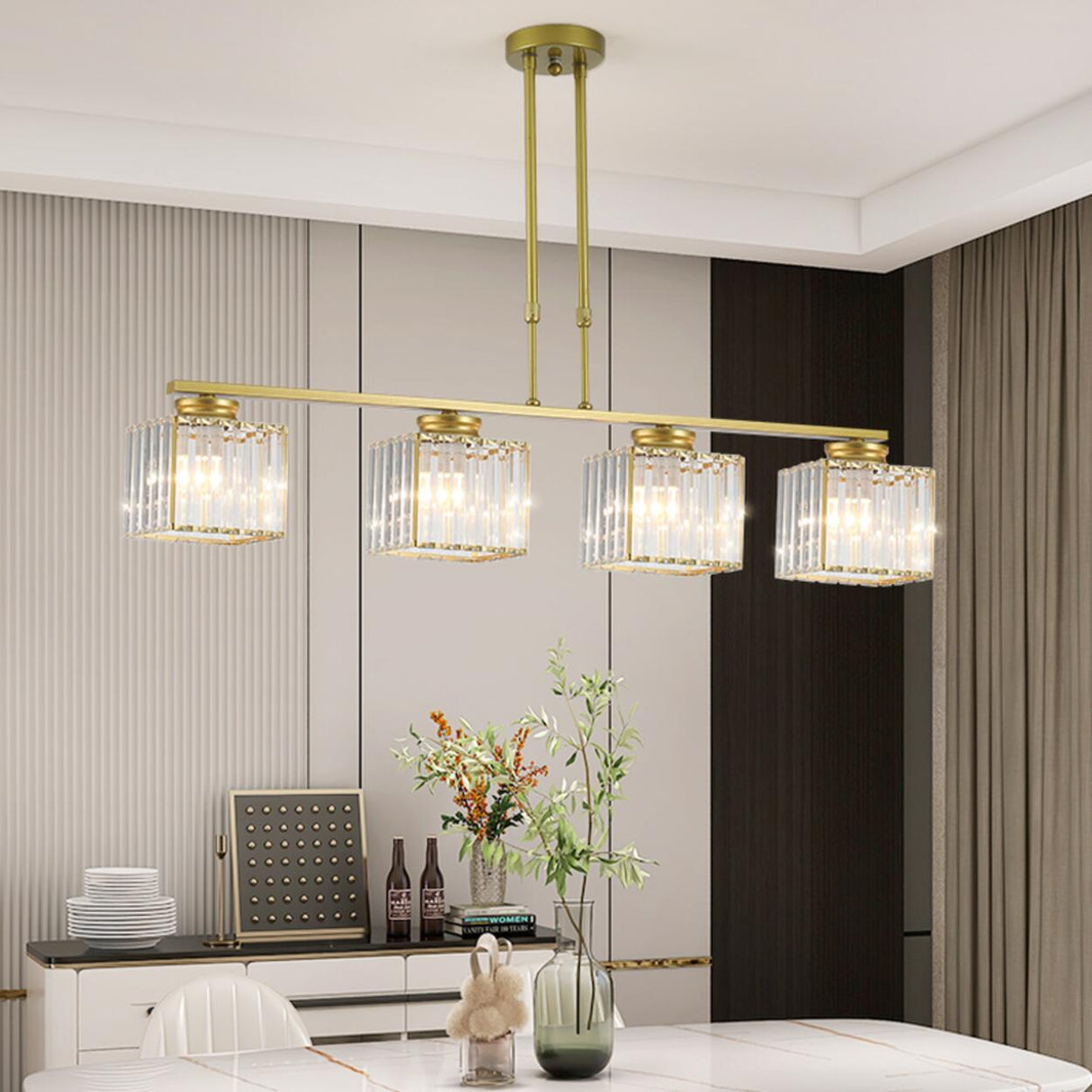 3-Light Gold Modern Square Island Pendant Light Image - 6