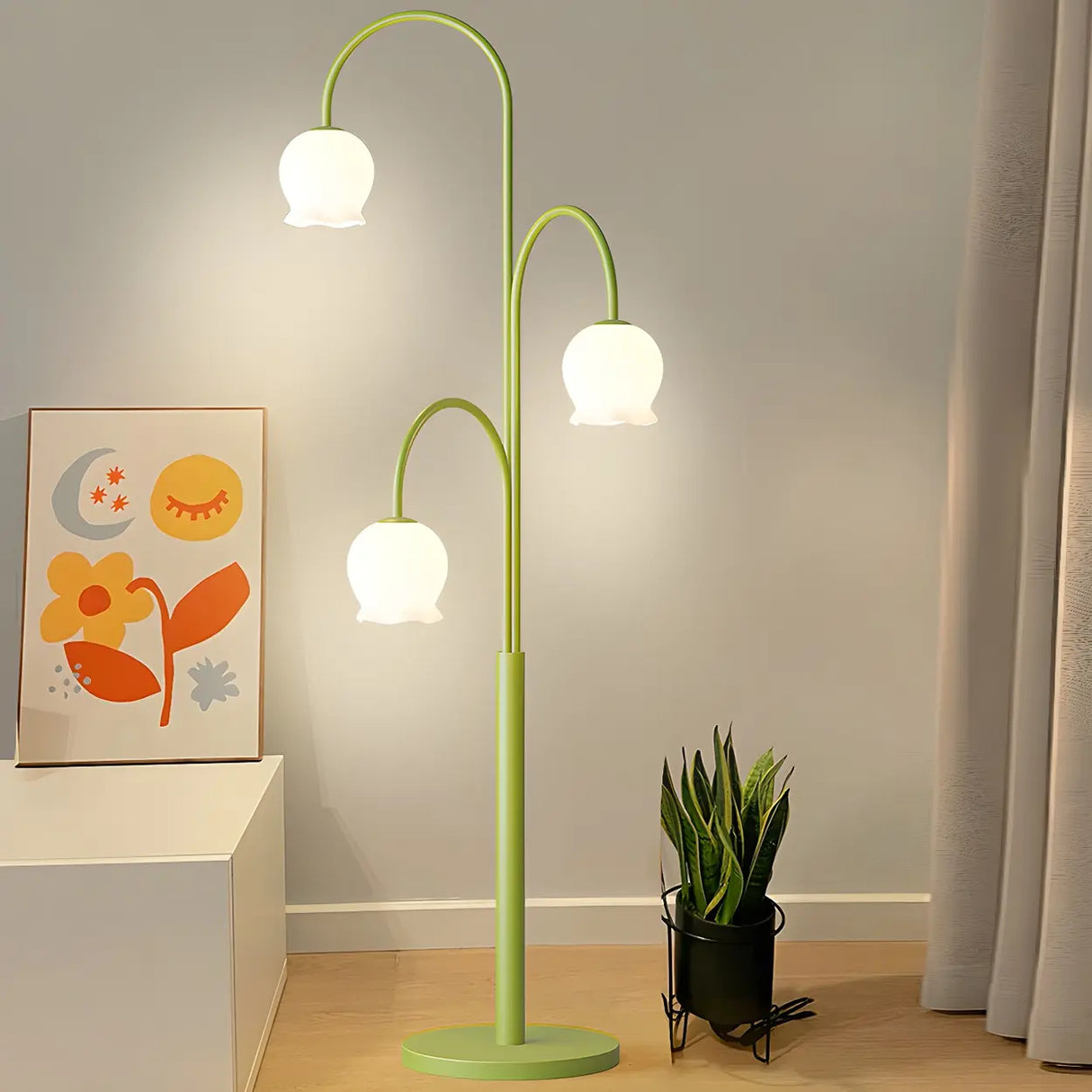 3-Light Green Floral Glass Contemporary Floor Lamp Image - 1