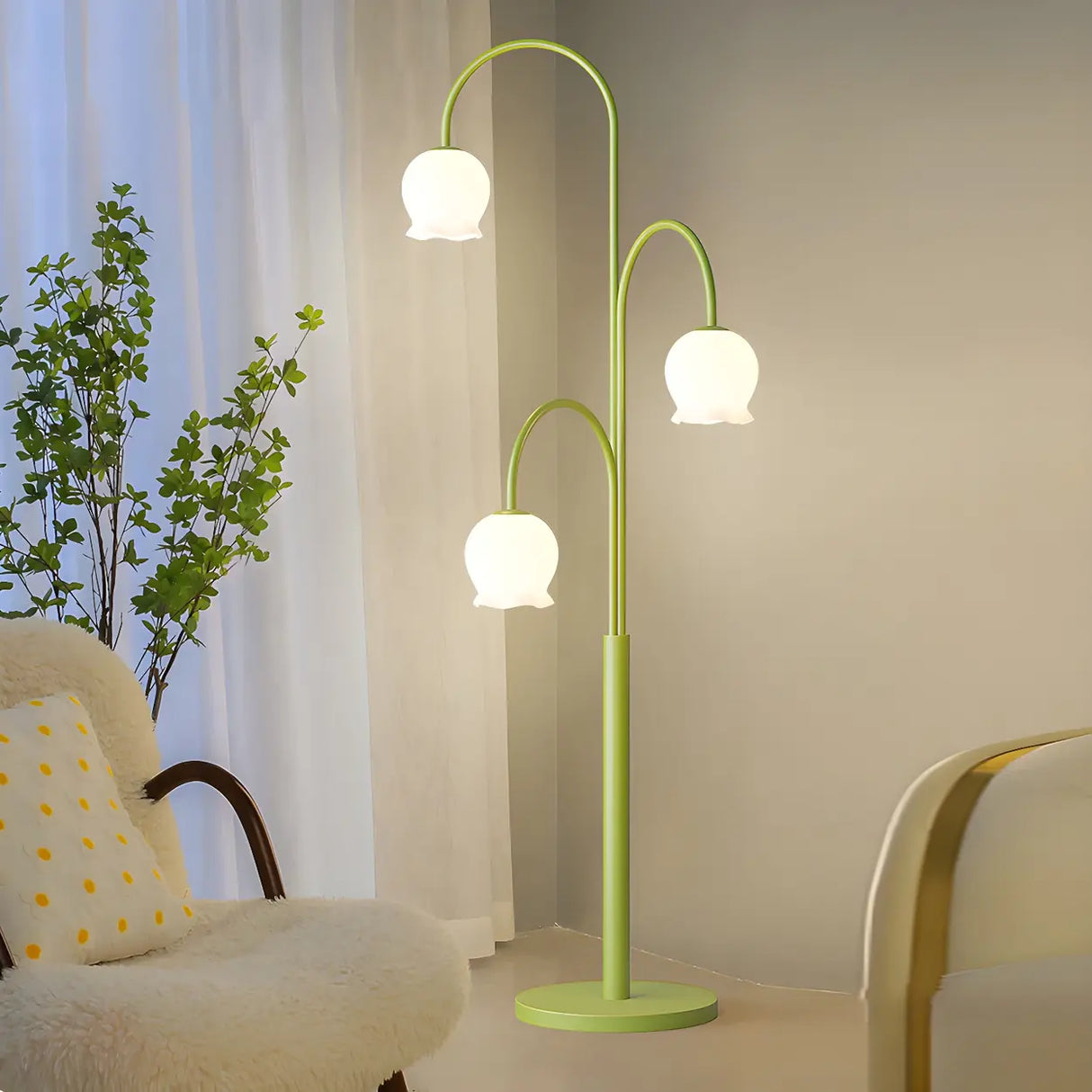 3-Light Green Floral Glass Contemporary Floor Lamp Image - 11