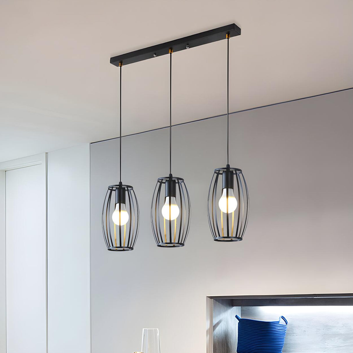 3-Light Industrial Cage Cylinder Island Pendant Light Image - 1