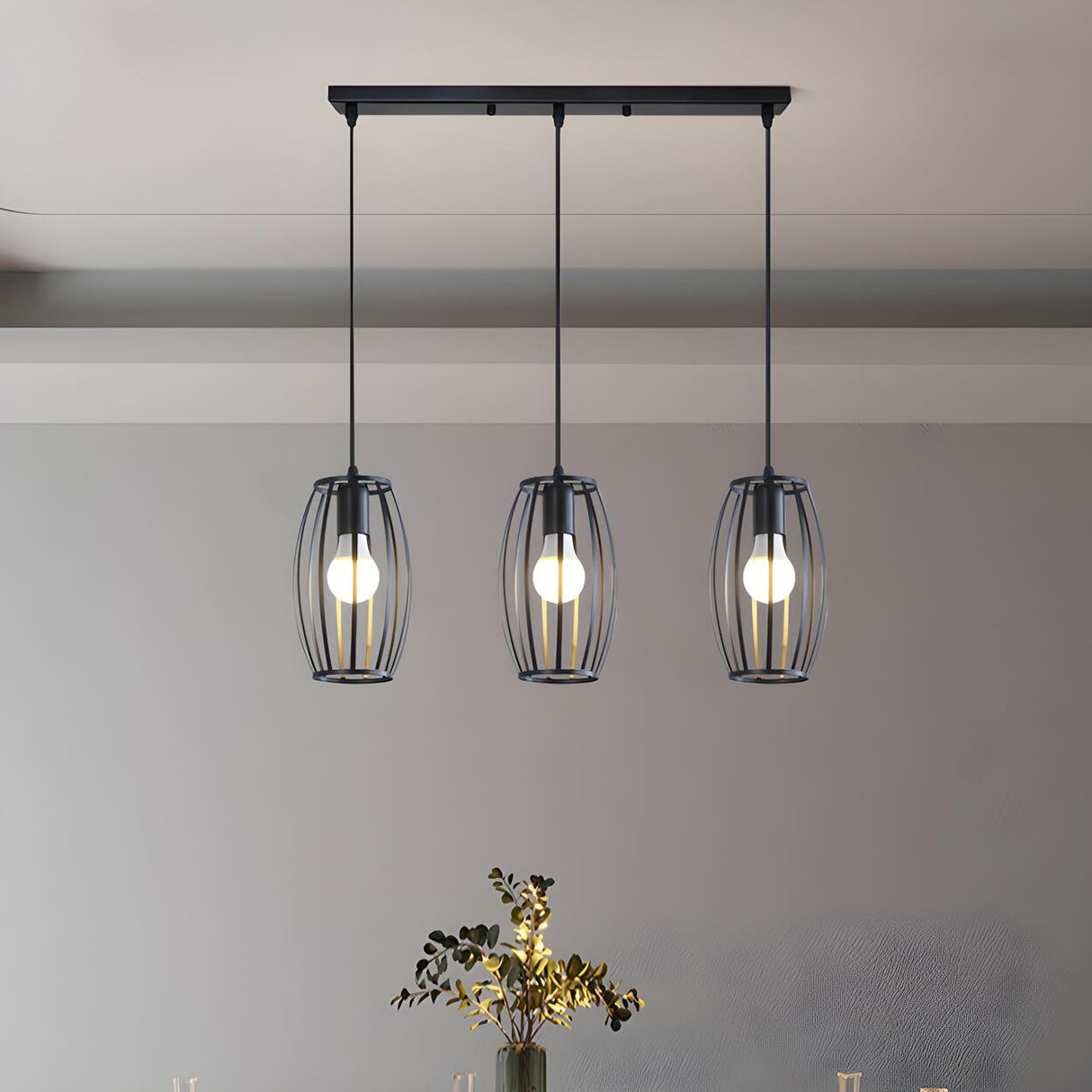 3-Light Industrial Cage Cylinder Island Pendant Light Image - 4