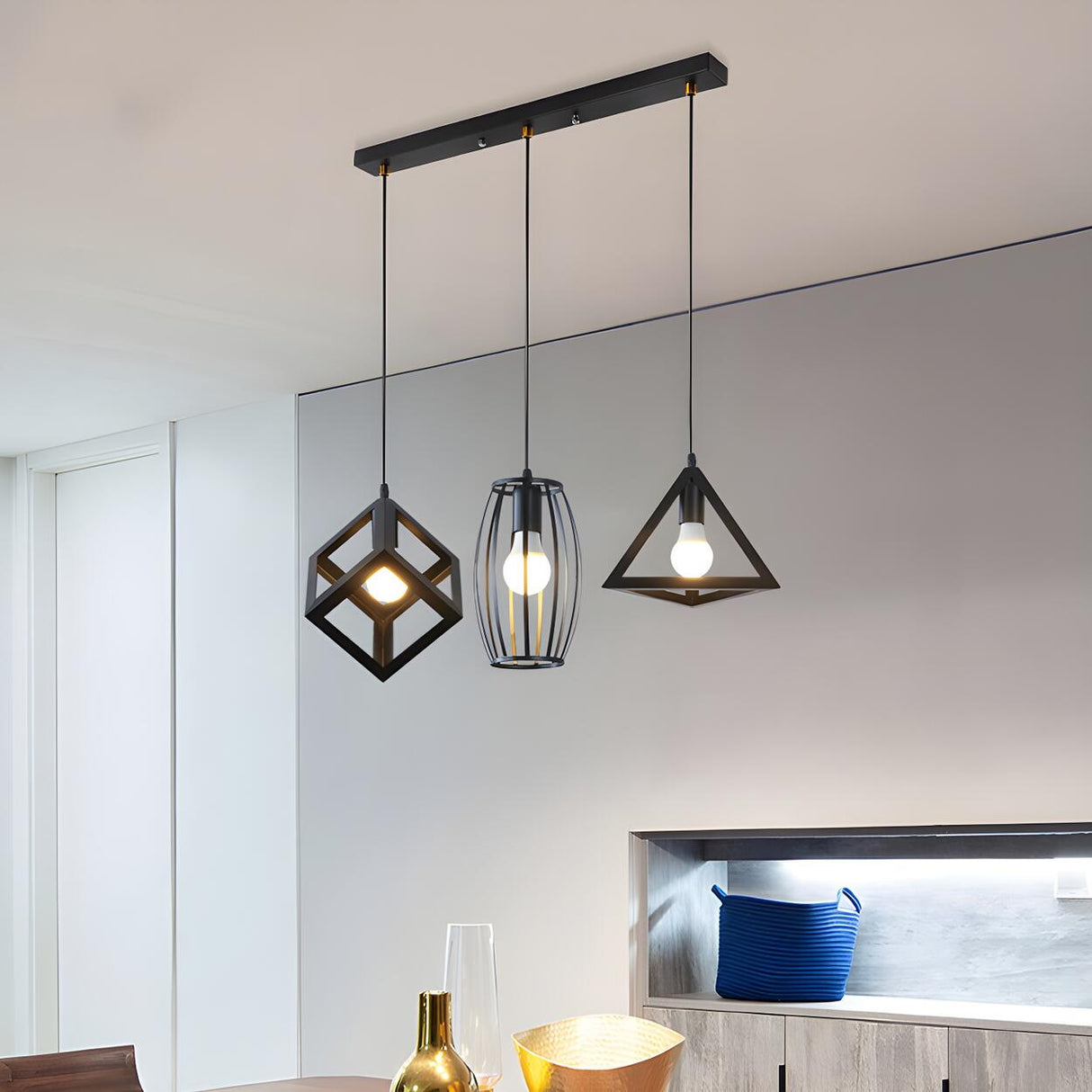 3-Light Industrial Cage Cylinder Island Pendant Light Image - 5