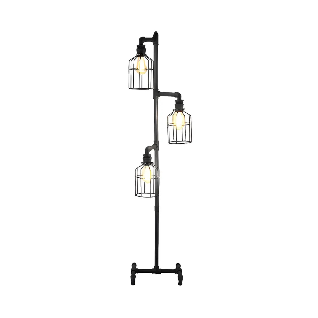 3-Light Industrial Cage Rustic Iron LED Floor Lamp Image - 2