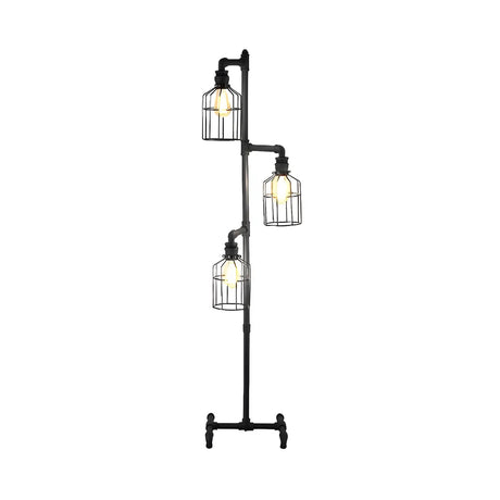 3-Light Industrial Cage Rustic Iron LED Floor Lamp Image - 2