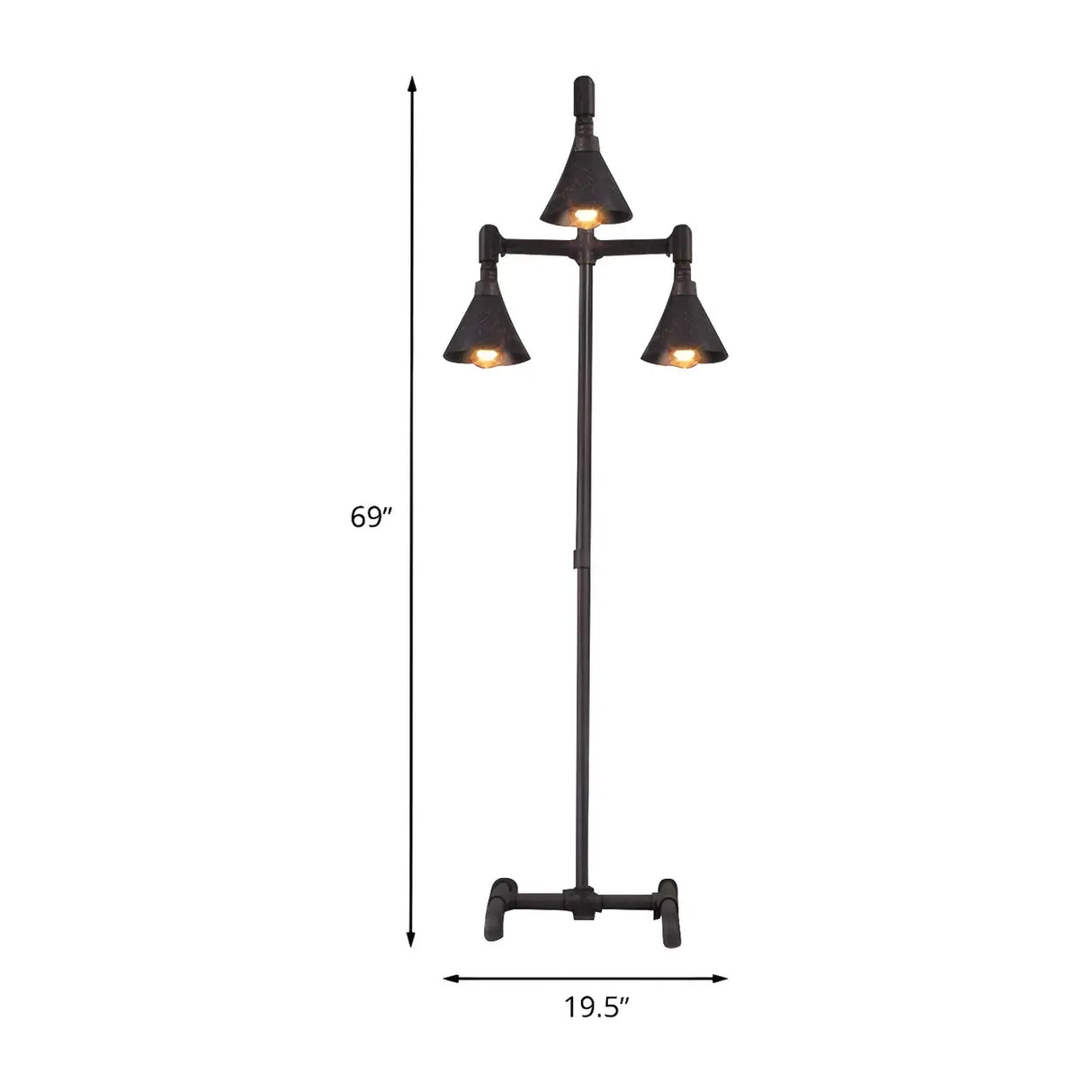 3-Light Industrial Iron Black Conical LED Floor Lamp 