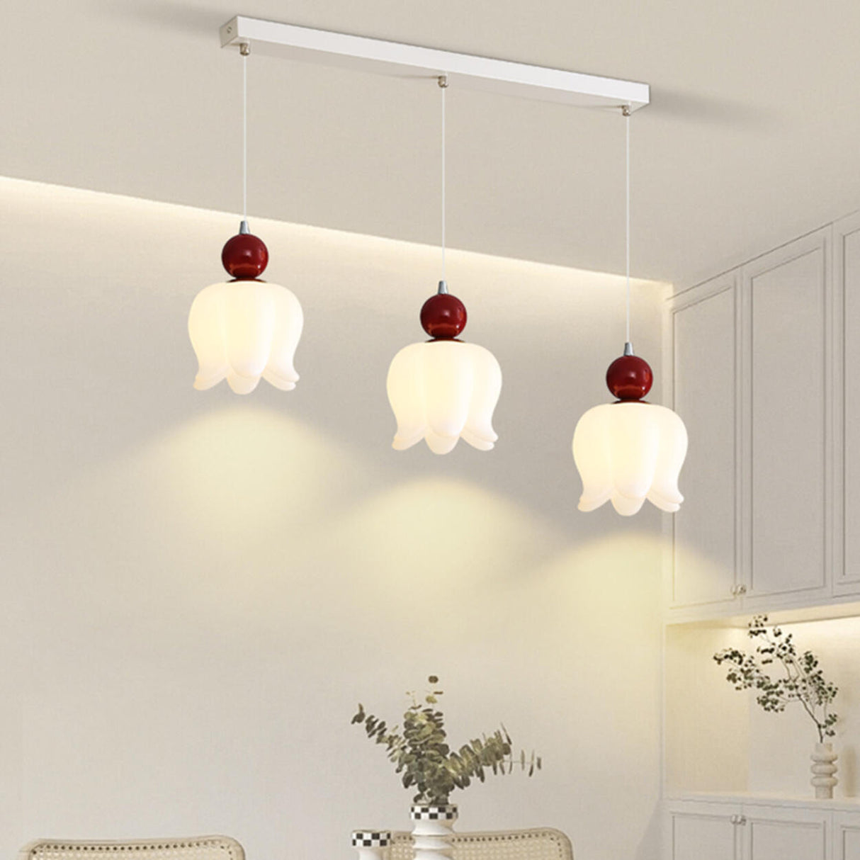 3-Light Modern Flower Red Accent Island Pendant Light Image - 1