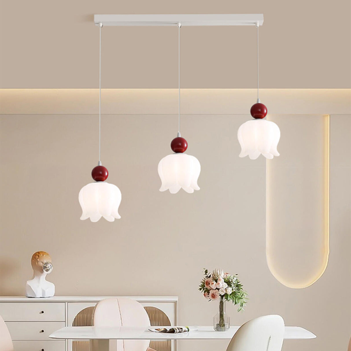 3-Light Modern Flower Red Accent Island Pendant Light Image - 7