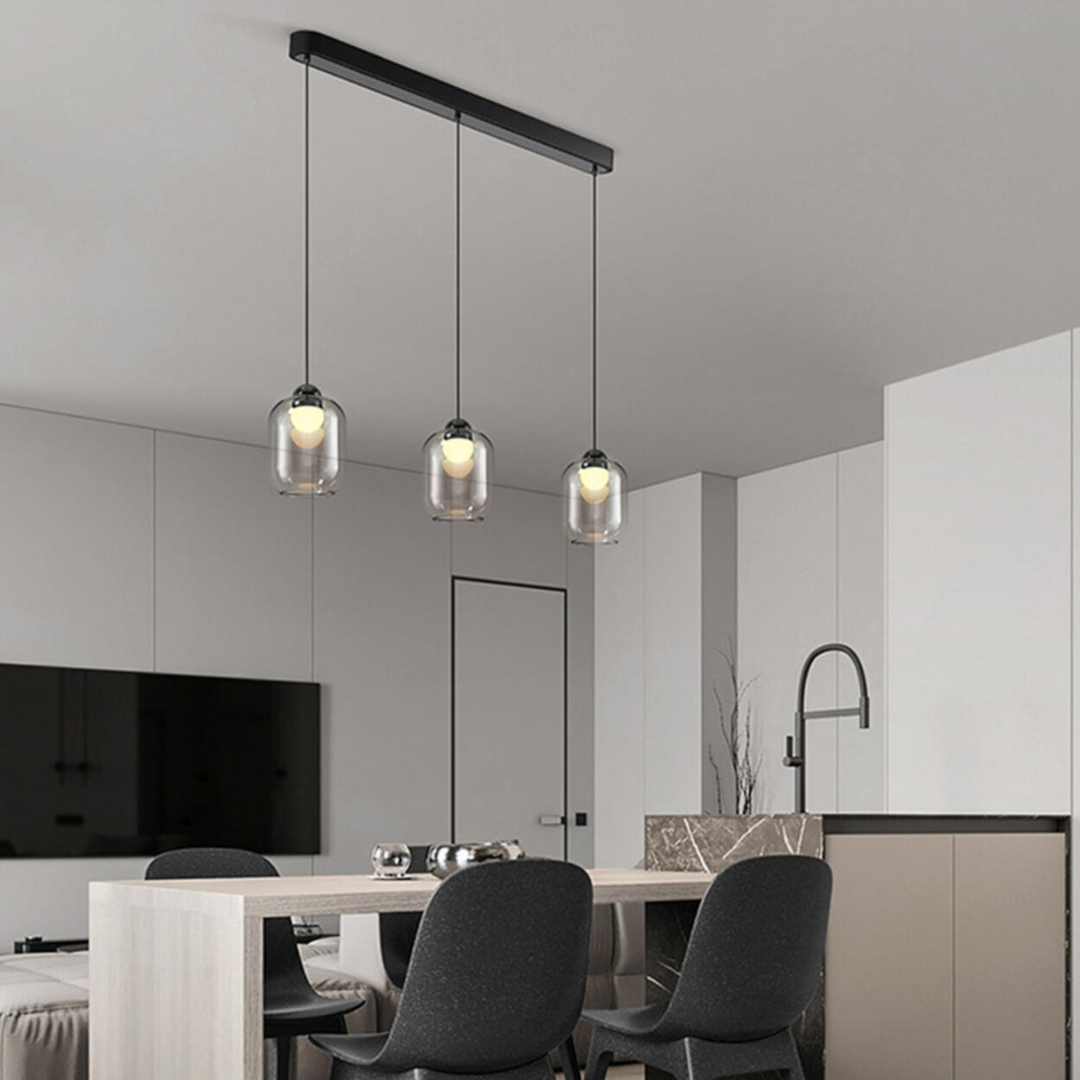 3-Light Modern Glass Cylinder Island Pendant Lights Image - 1