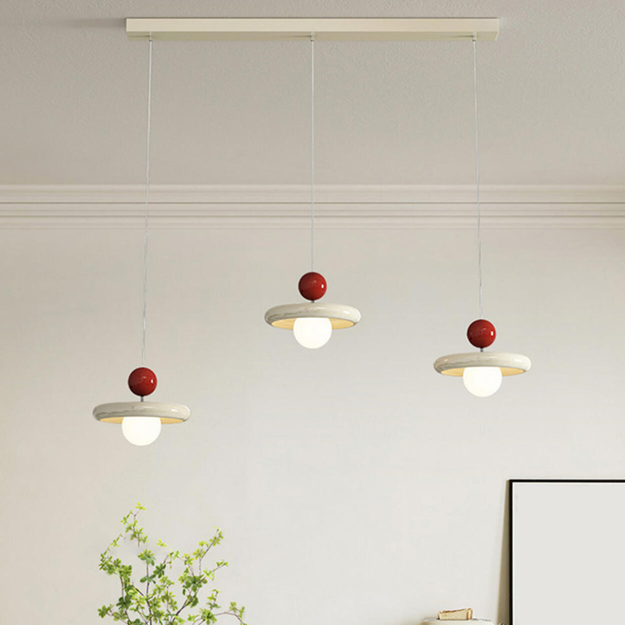 3-Light Modern Red and White Disc Island Ceiling Light Image - 3