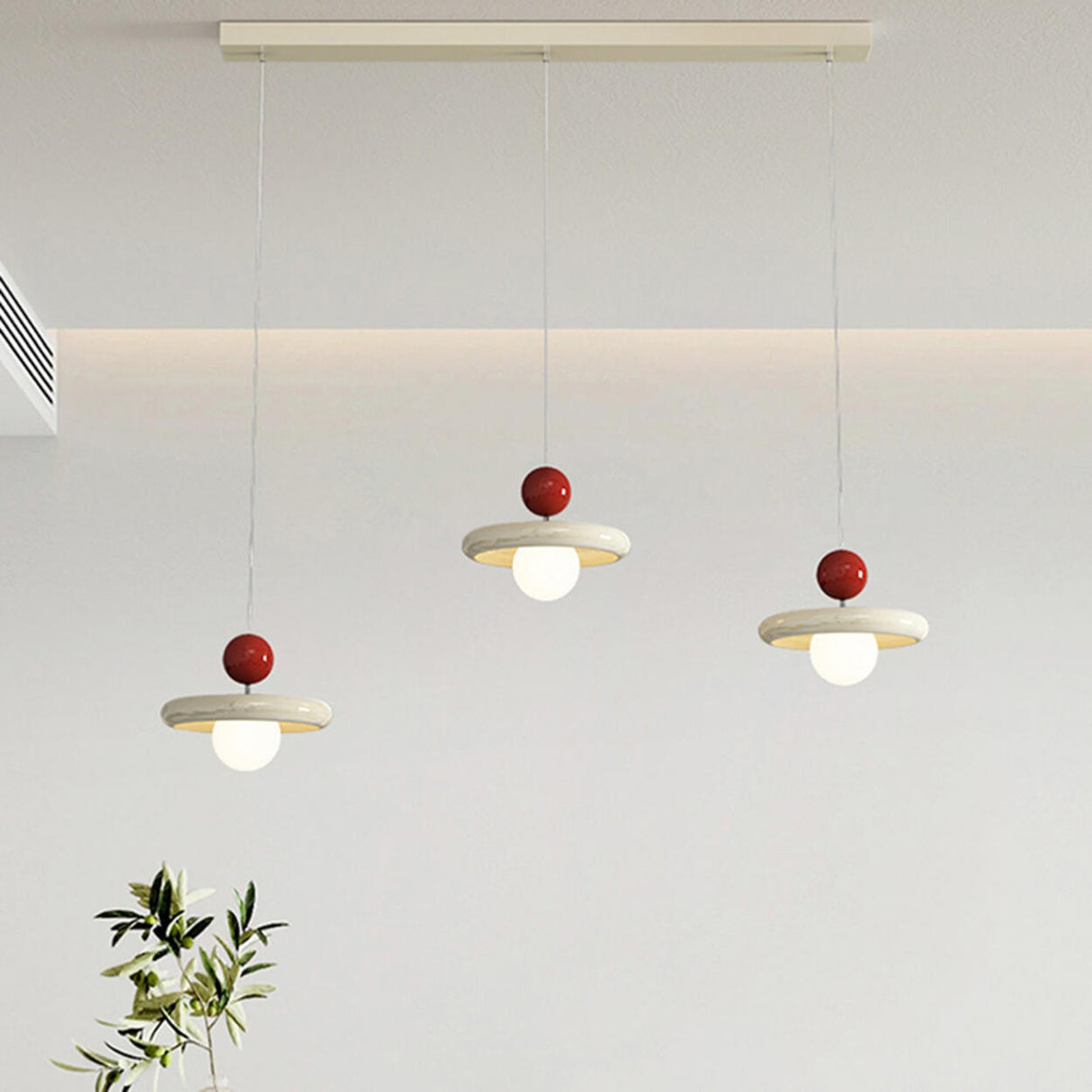 3-Light Modern Red and White Disc Island Ceiling Light Image - 5