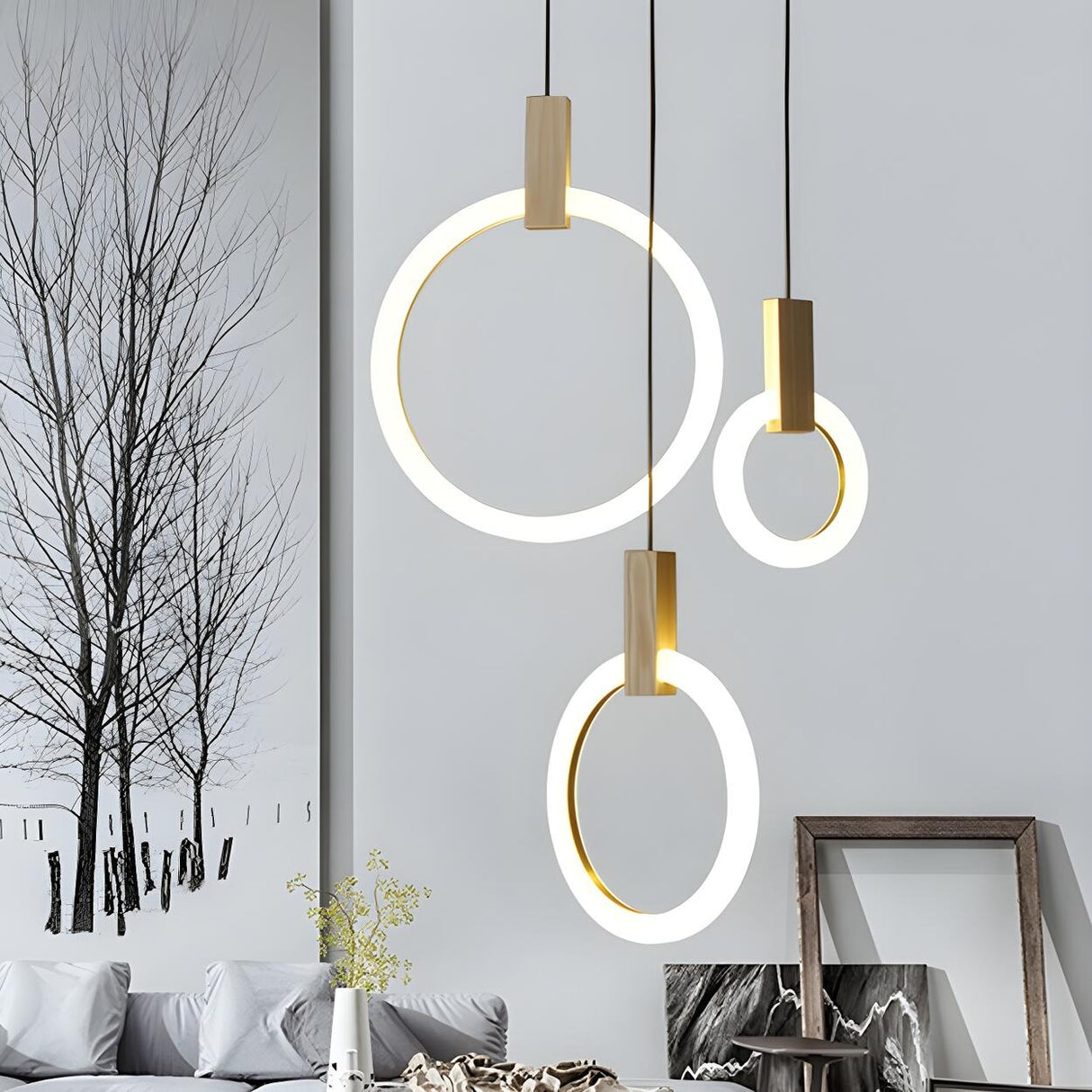 3-Light Modern Ring Adjustable Wooden Island Light Image - 1