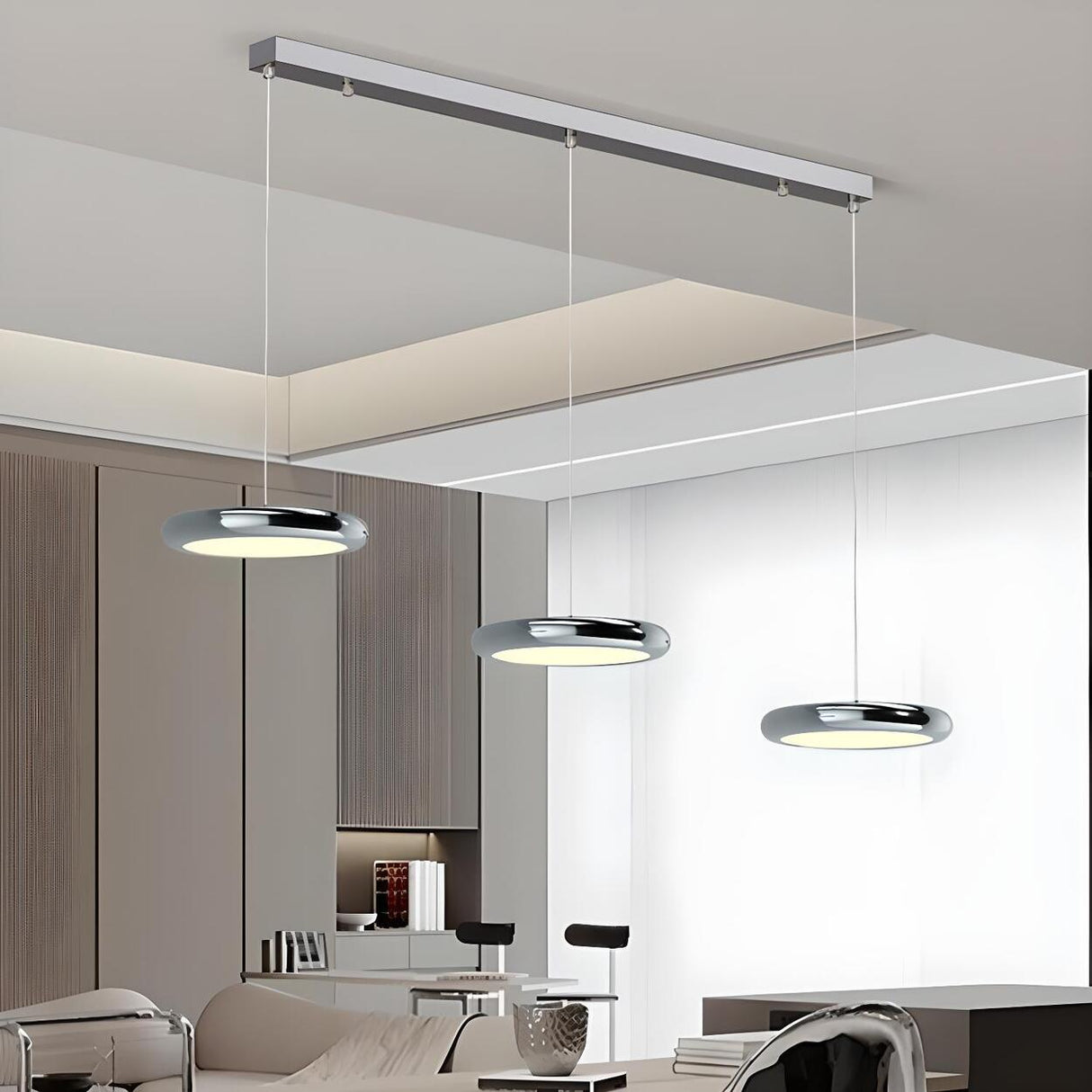 3-Light Modern Sliver Disc LED Island Pendant Light Image - 2