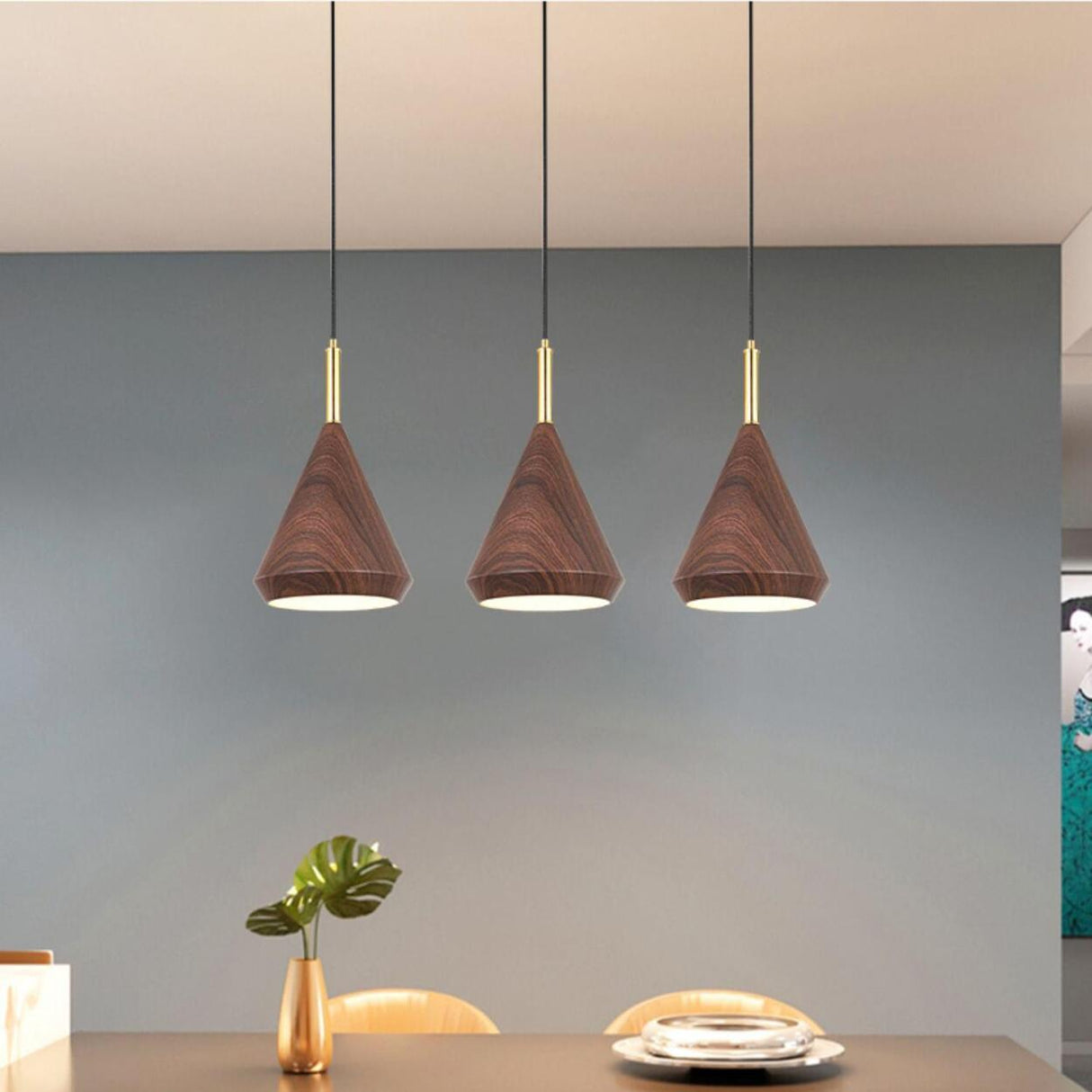 3-Light Modern Wood-color Cone Metal Island Light Image - 4