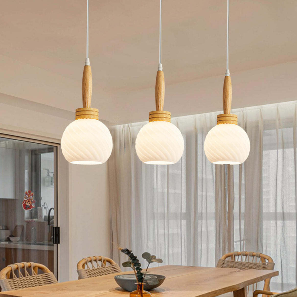 3-Light Modern Wooden Globe Island Pendant Light Image - 2