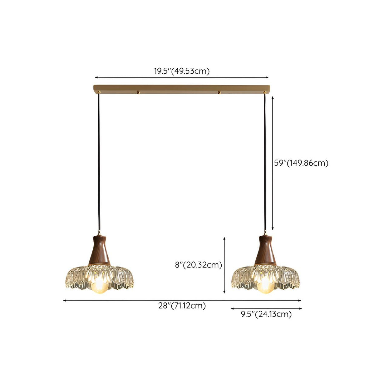 3-Light Rustic Glass Dome Walnut Island Pendant Light 