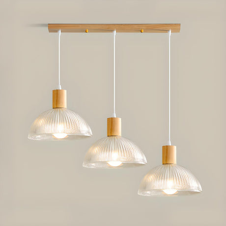 3-Light Scalloped Dome Wooden Island Ceiling Light Image - 2