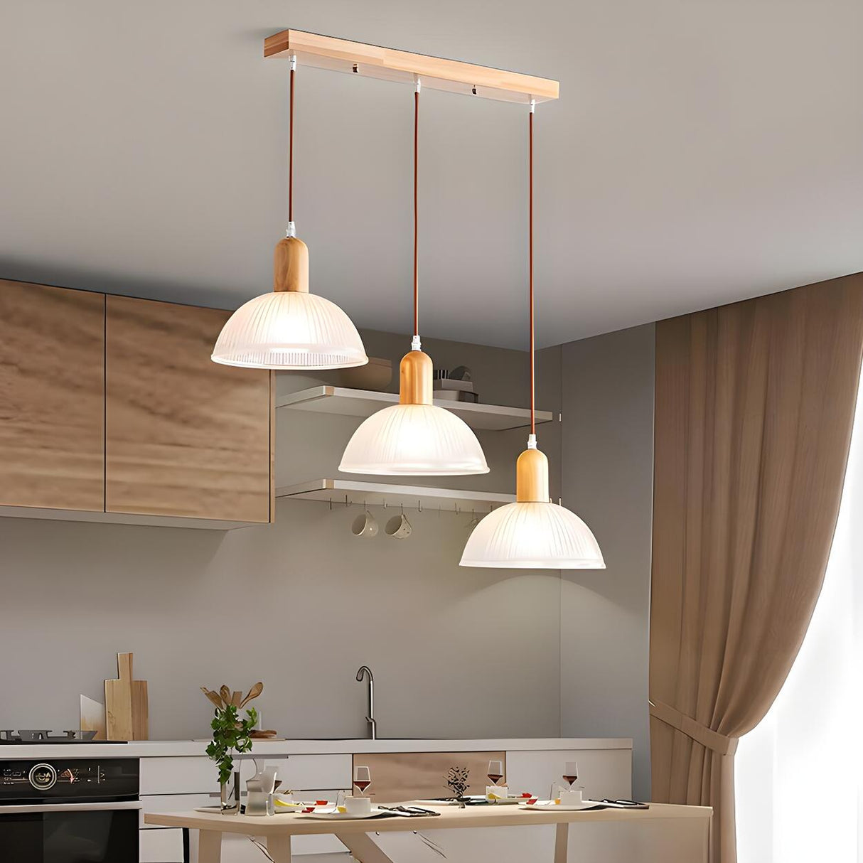 3-Light Simple Clear Dome Wooden Island Pendant Light Image - 1