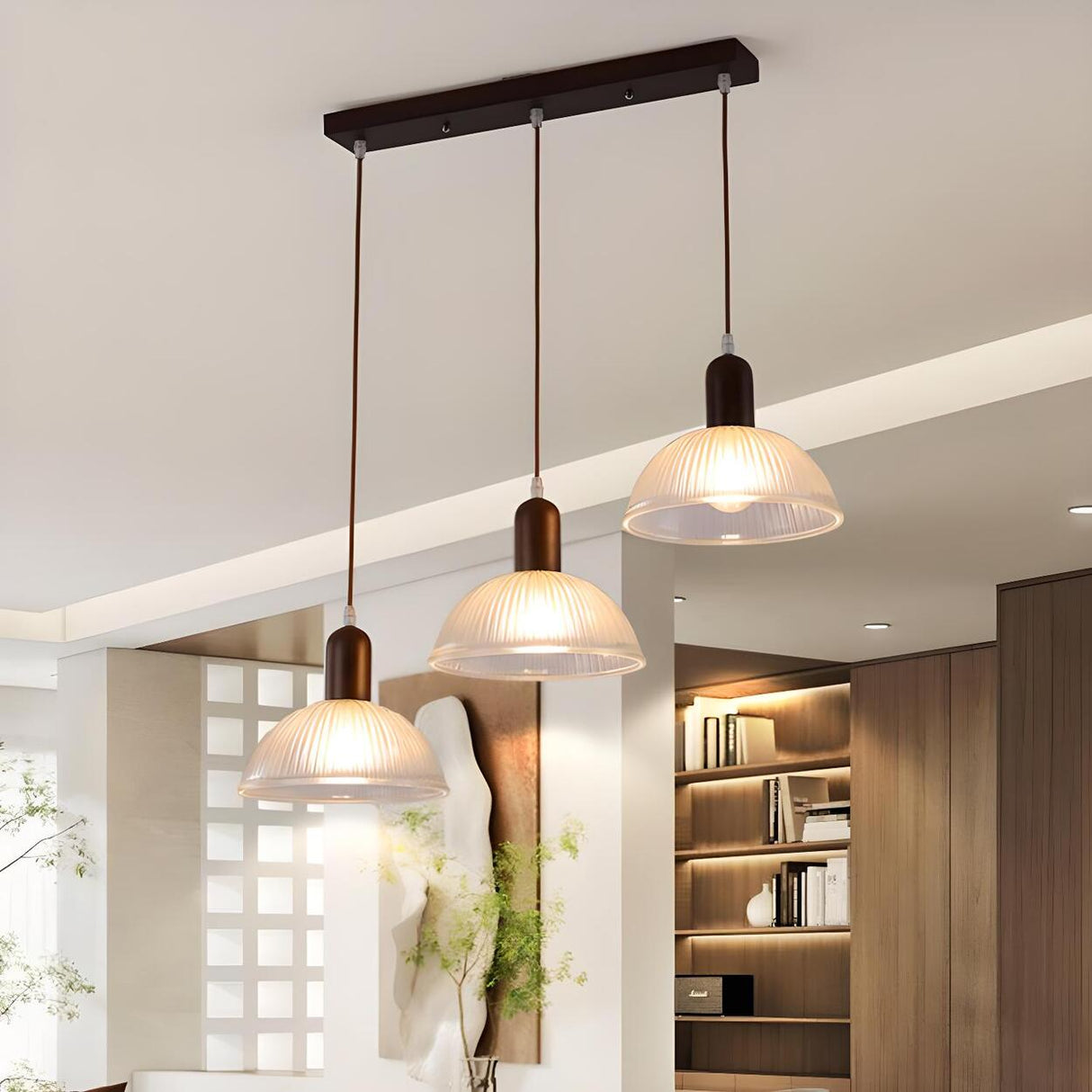 3-Light Simple Clear Dome Wooden Island Pendant Light Image - 5