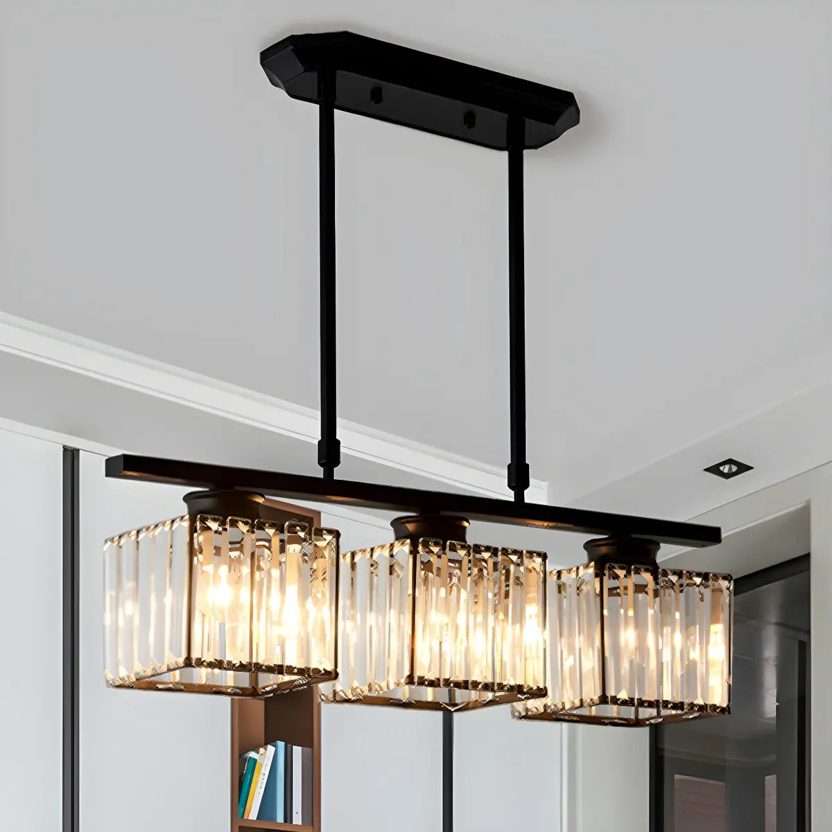 3-Light Square Crystal Black Island Ceiling Light Fixture Image - 1