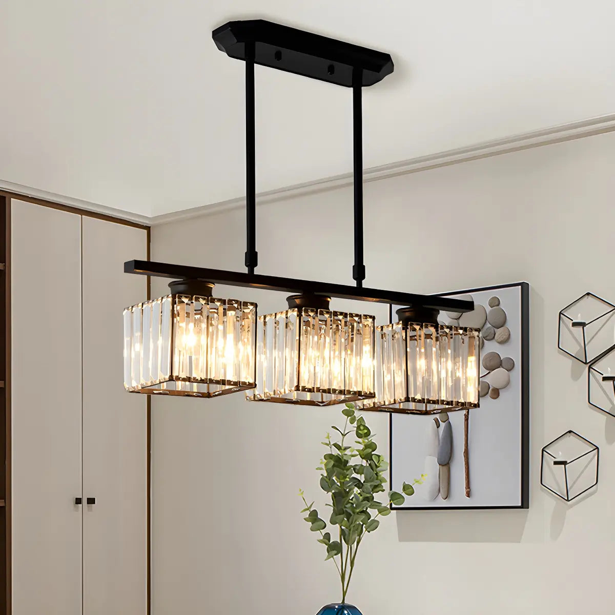 3-Light Square Crystal Black Island Ceiling Light Fixture Image - 2