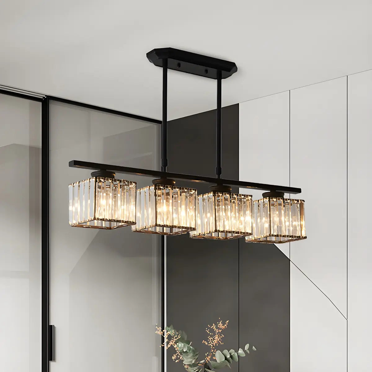 3-Light Square Crystal Black Island Ceiling Light Fixture Image - 8