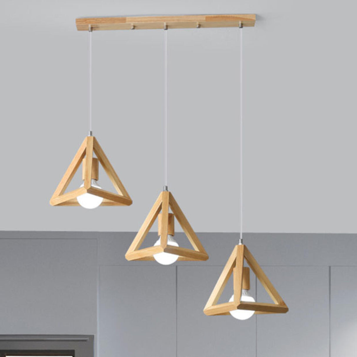 3-Light Triangular Modern Wooden Island Pendant Light Image - 2