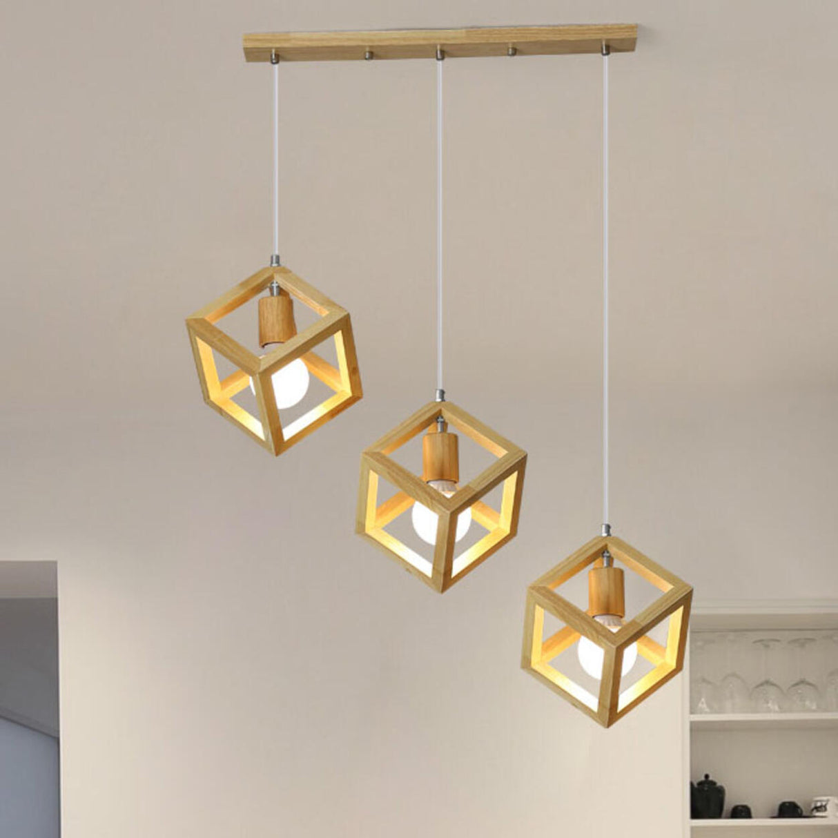 3-Light Triangular Modern Wooden Island Pendant Light Image - 3