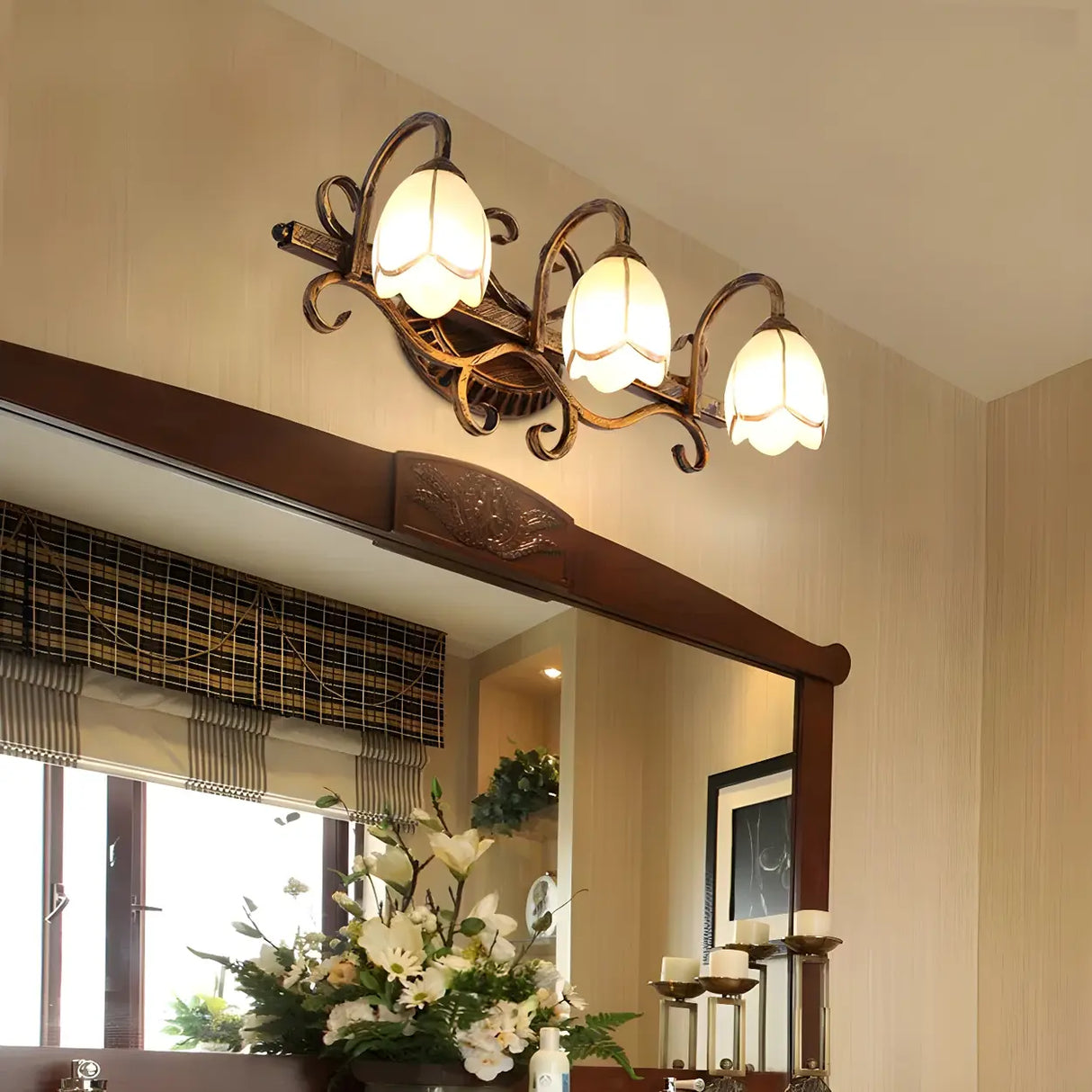 3-Light Vintage Flower Metal Bathroom Vanity Light Image - 1