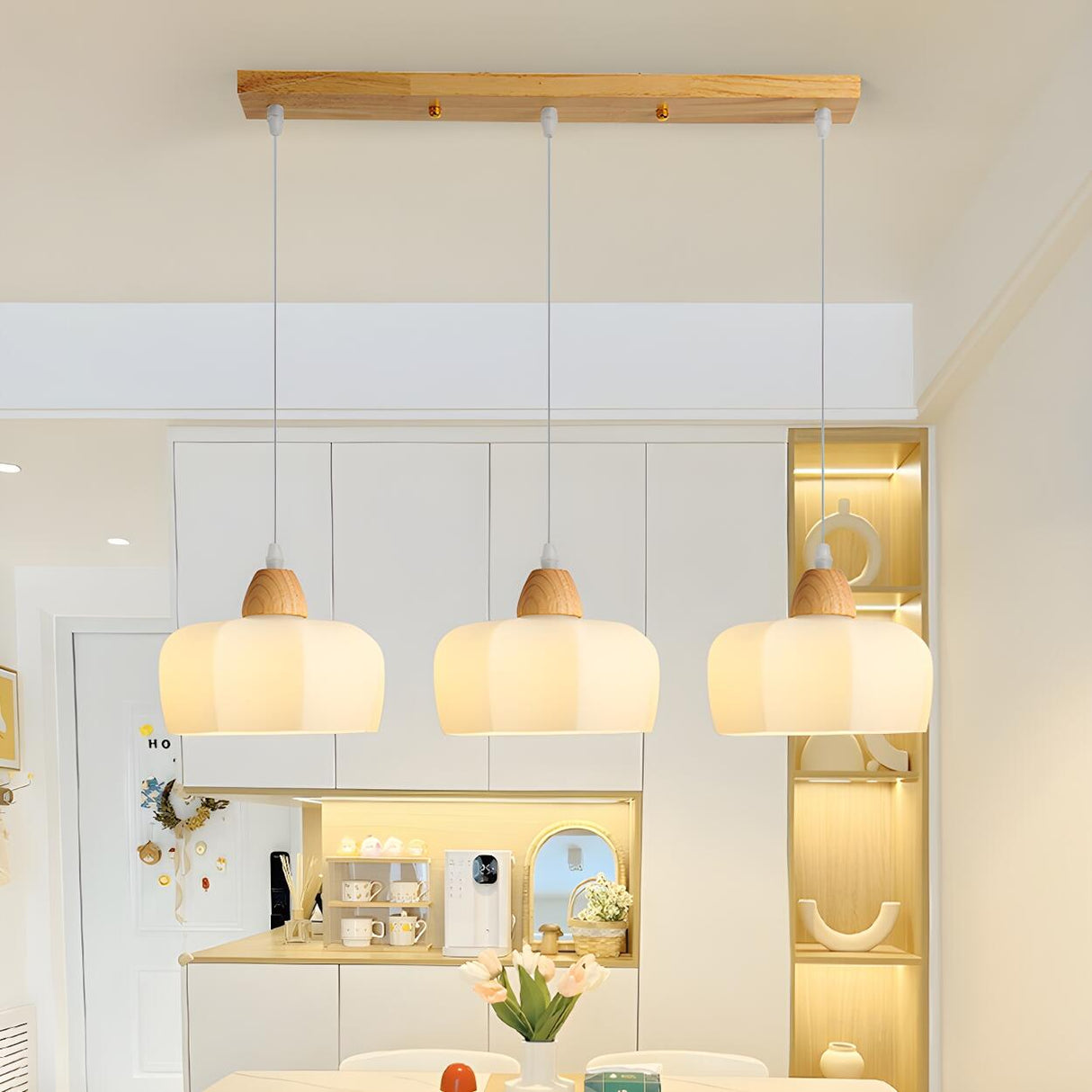 3-Light White Bowl Wood Modern Island Pendant Light Image - 3