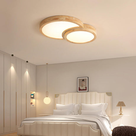 3 Lights Wood Round LED Flush Mount Light Living Room Image - 2