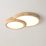 3 Lights Wood Round LED Flush Mount Light Living Room Image - 6