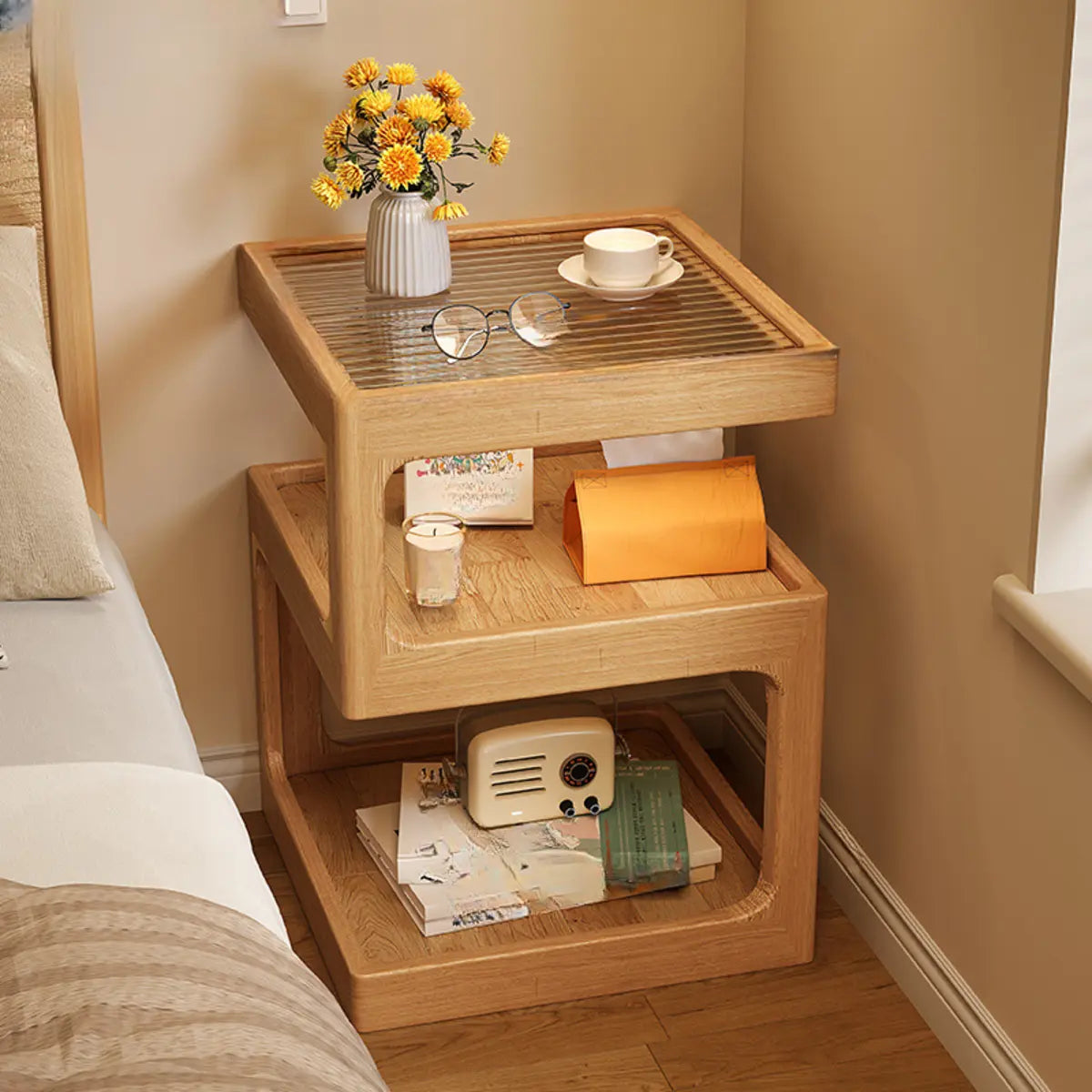 3 Tiers Narrow Square Oak Wood Open Storage Nightstand Image - 4