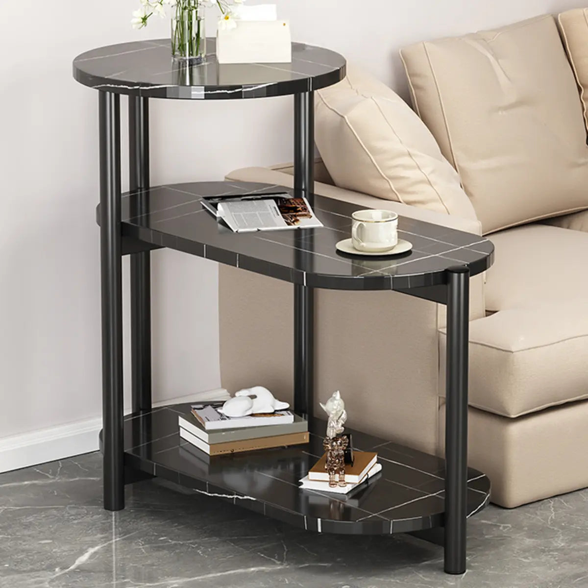 3 Tiers Oval and Round Black Marble Modern End Table Image - 1