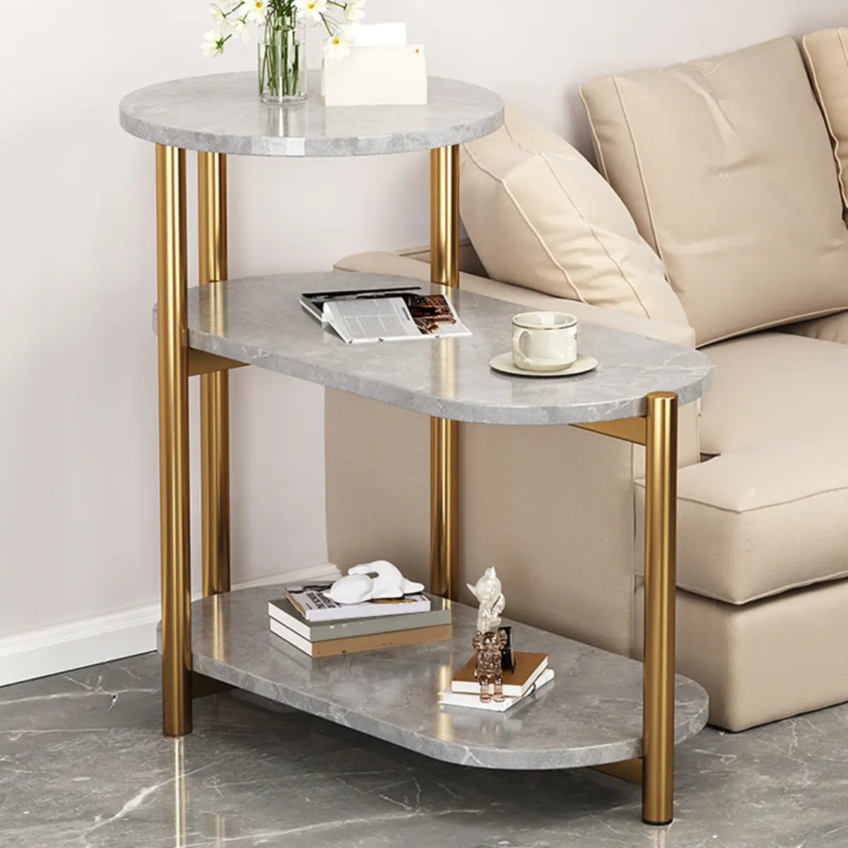 3 Tiers Oval and Round Black Marble Modern End Table Image - 5