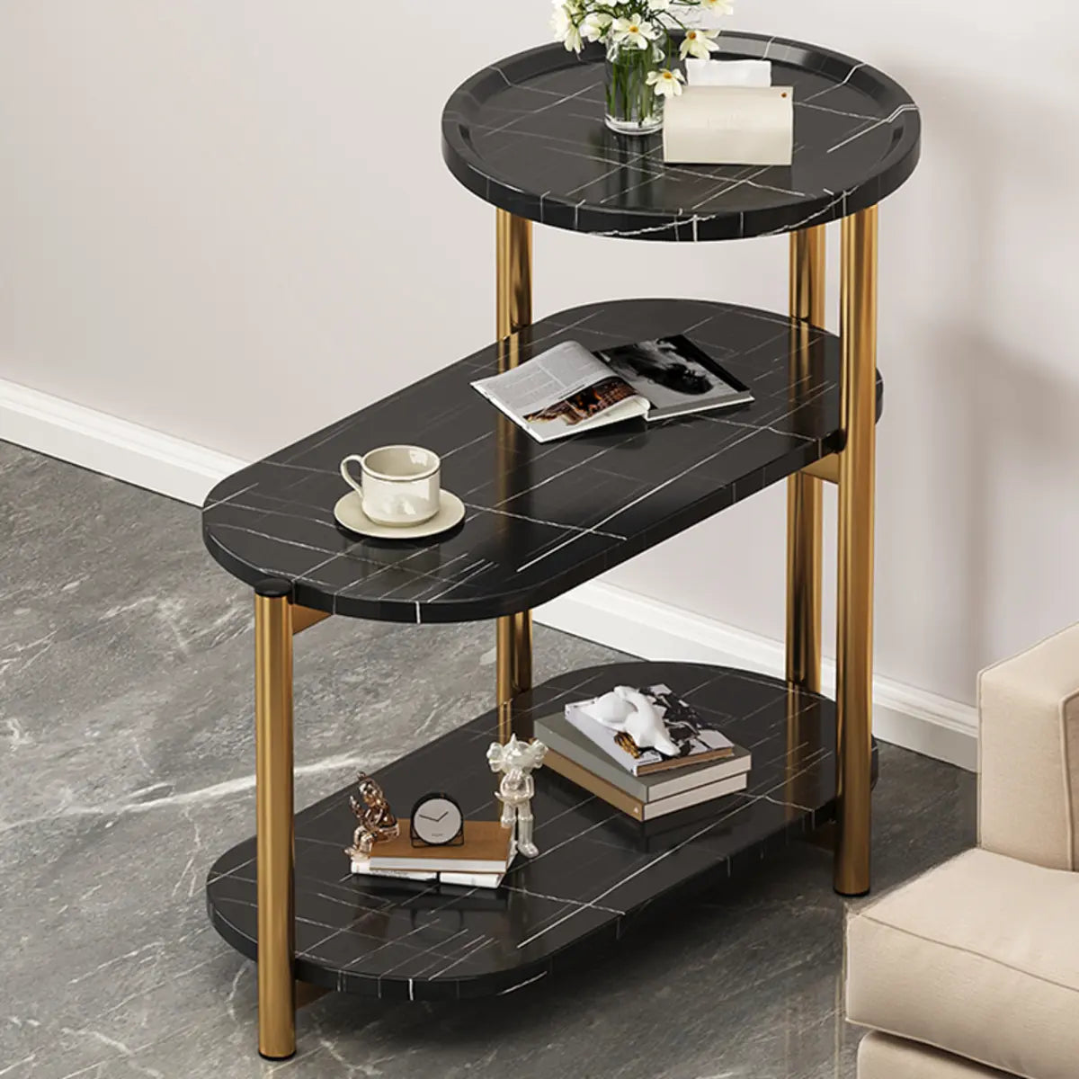 3 Tiers Oval and Round Black Marble Modern End Table Image - 9